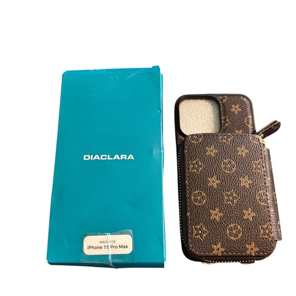 Diaclara IPhone 15Pro Max Elegant Protective Case Brown Print W/Zip Pocket - Picture 1 of 2